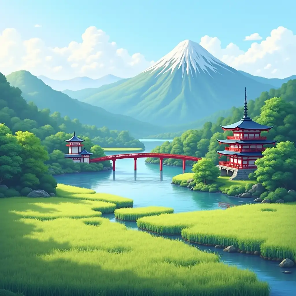 Scenic-Japanese-Landscape-with-Rice-Fields-Mountains-Lake-Red-Bridge-and-Temple