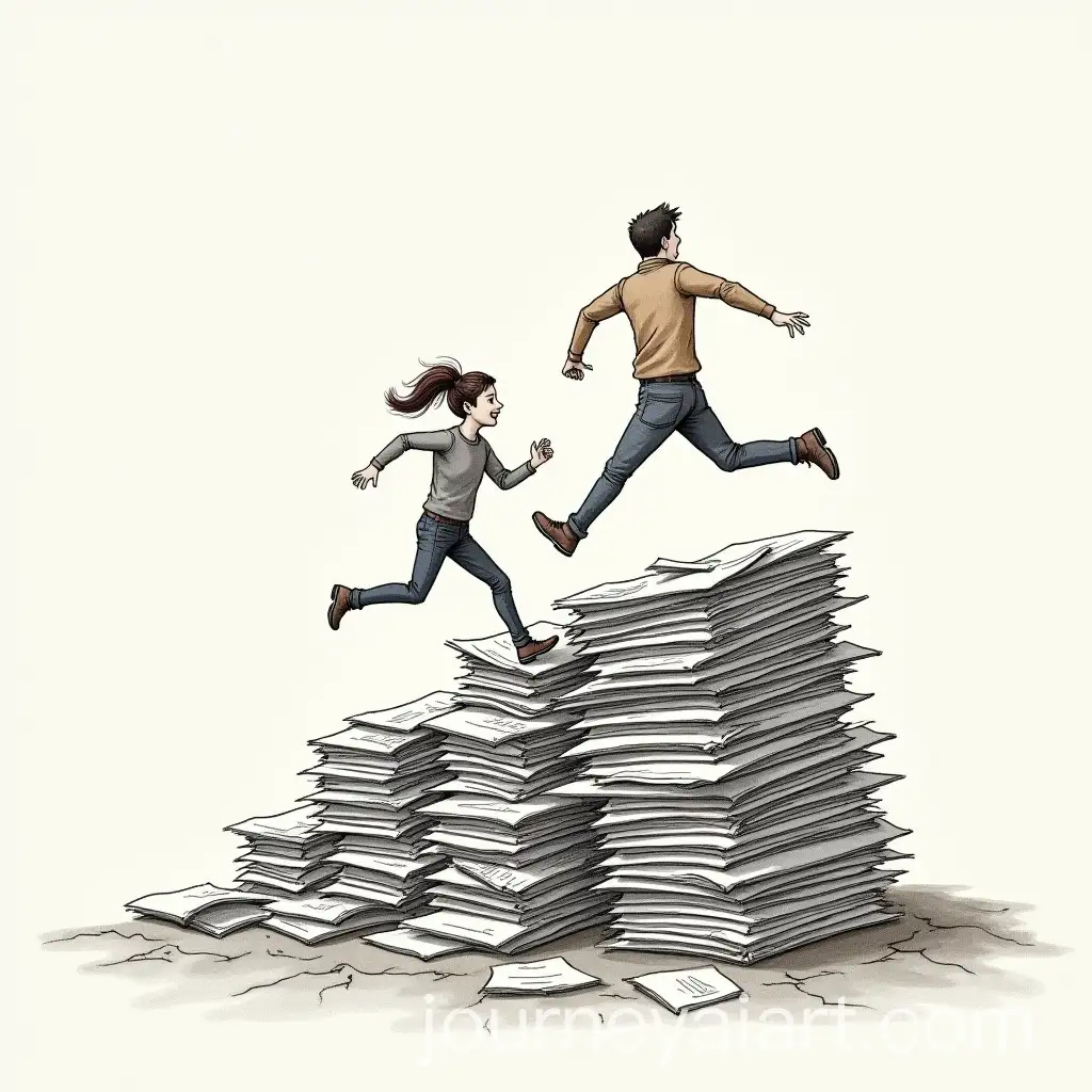 People-Running-on-Pile-of-Papers-with-Envelope-Sketch