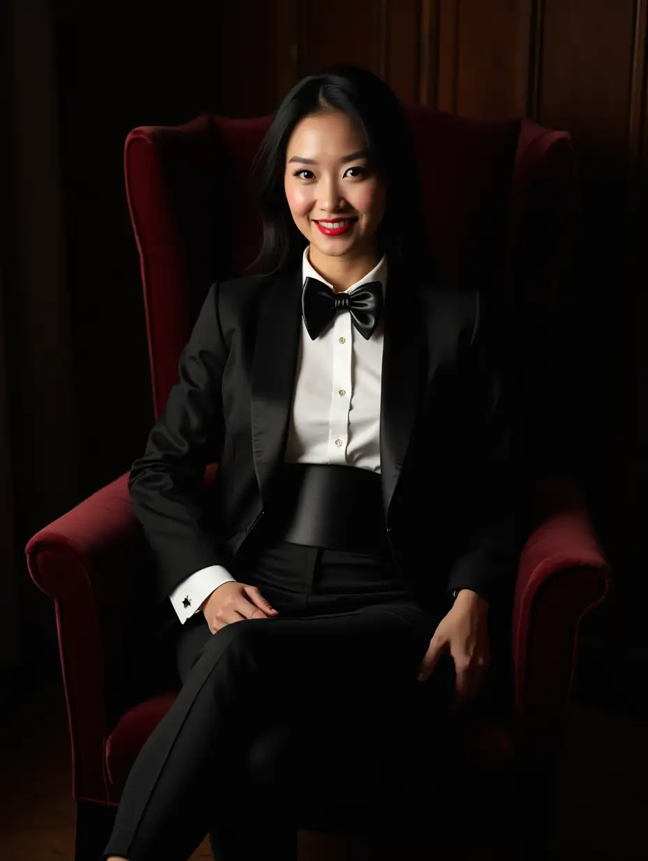 Confident-Chinese-Woman-in-Formal-Tuxedo-Smiling-in-Plush-Chair-at-Night