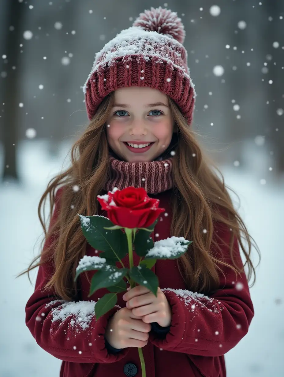 a beautiful girl, holding red rose, with snow fowling, winter background