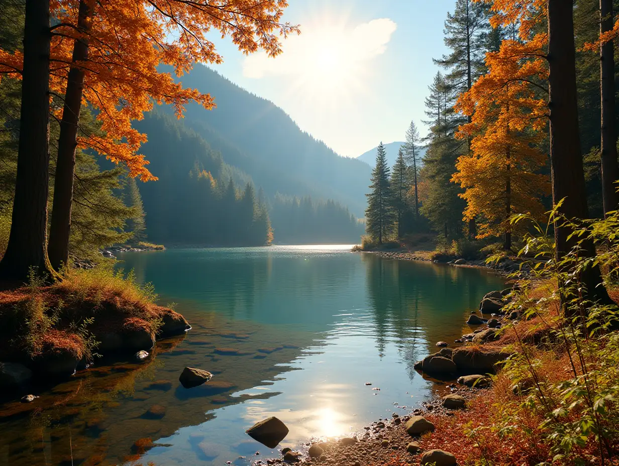 Awesome sunny landscape in the forest. Wonderful Autumn scenery. Picturesque view of nature wild lake. Sun rays through colorful trees. Incredible view on Fusine lakeside. Amazing natural Background