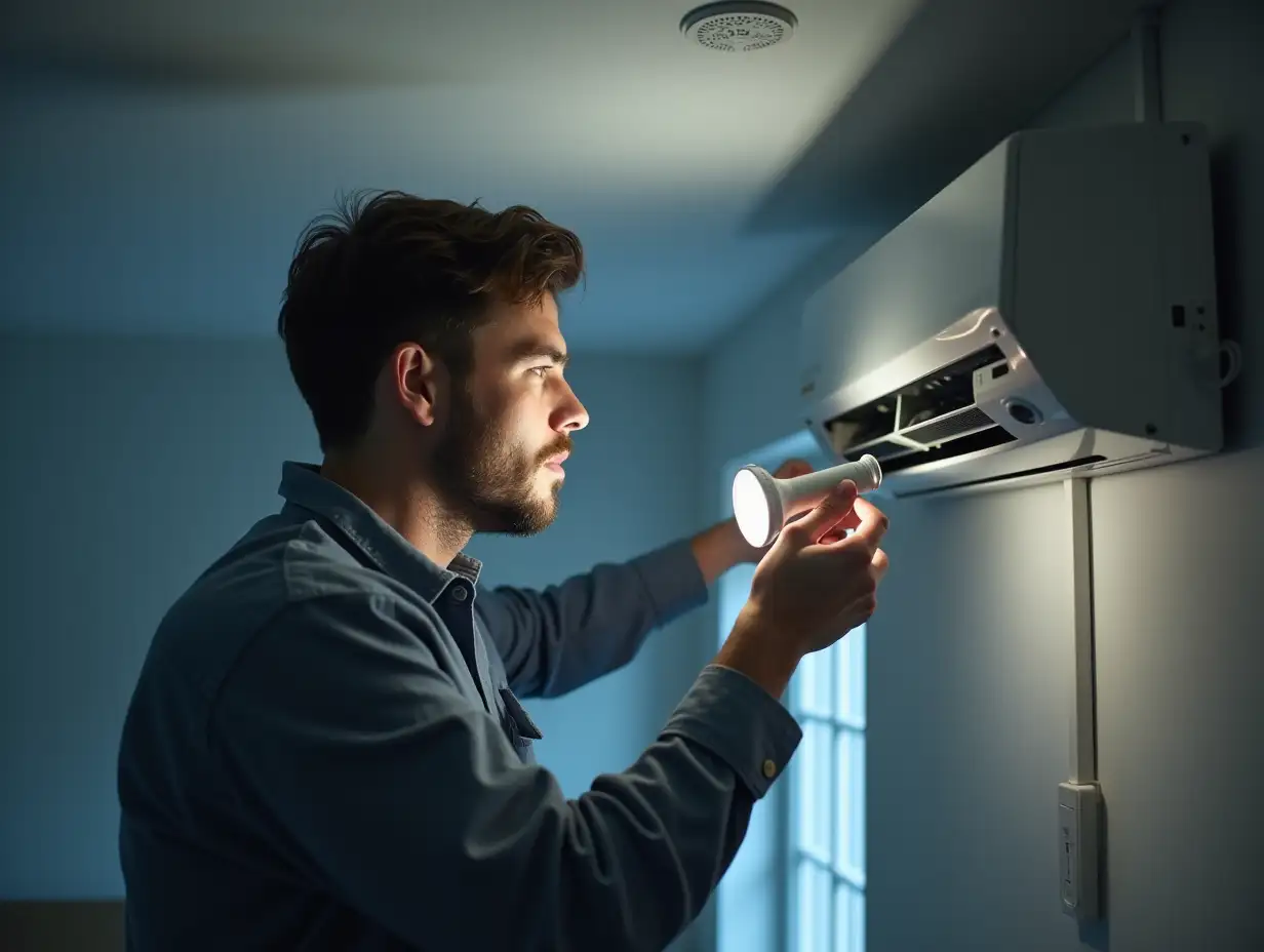 Technician-Inspecting-Air-Conditioner-with-Flashlight