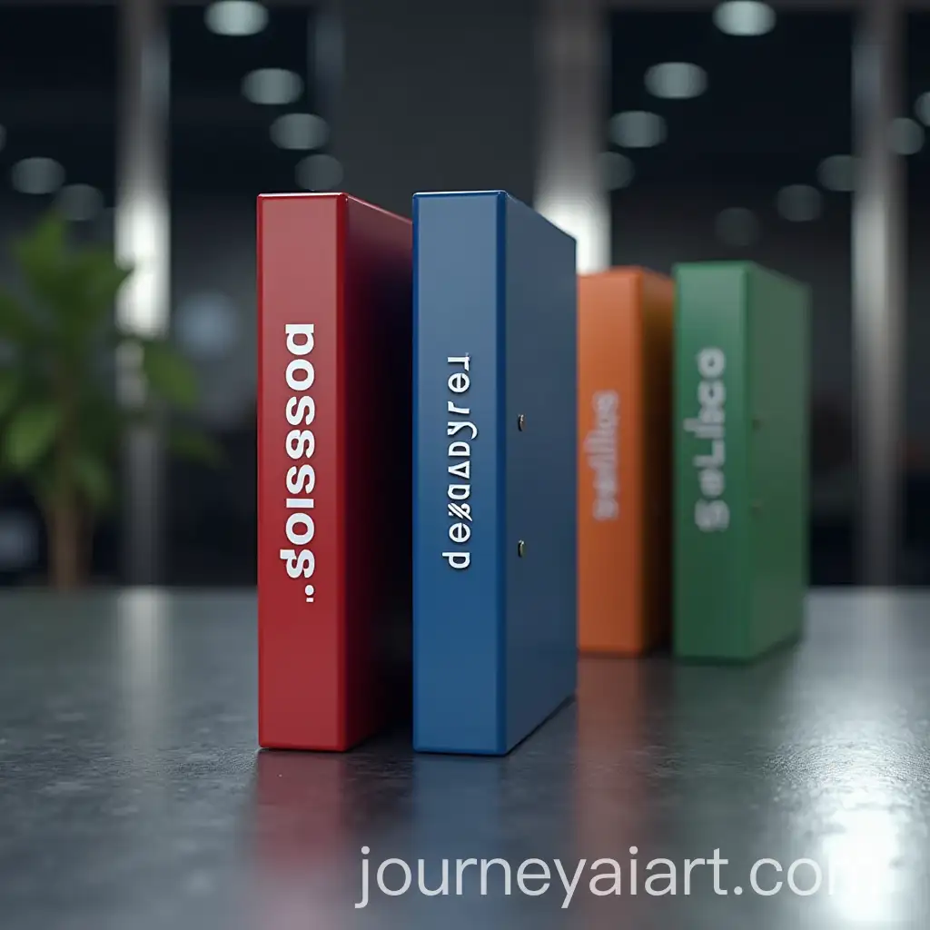 Modern-Office-Scene-with-Colorful-Binders-on-a-Shiny-Metal-Table