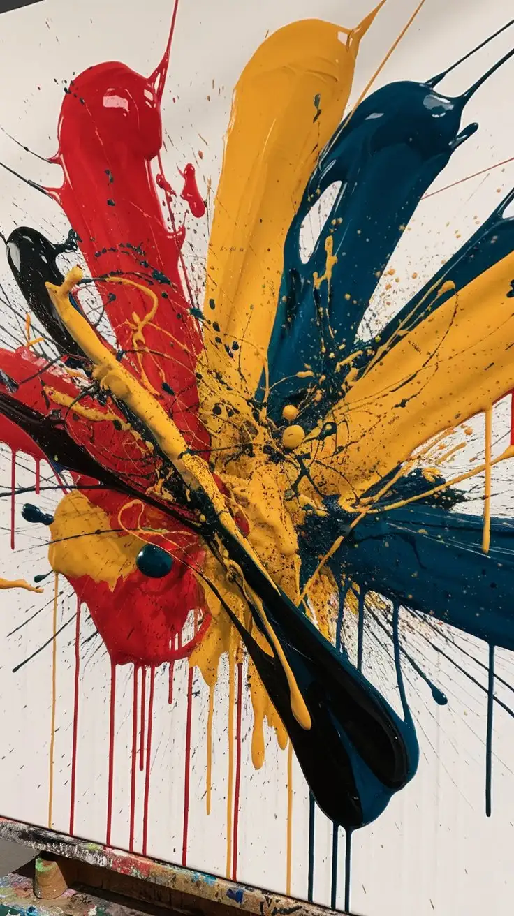 Energetic drip art painting, vibrant primary colors, red, yellow, blue paint dripping and splattering on a white canvas, dynamic movement, action painting style, high energy, studio setting, full shot, 4k