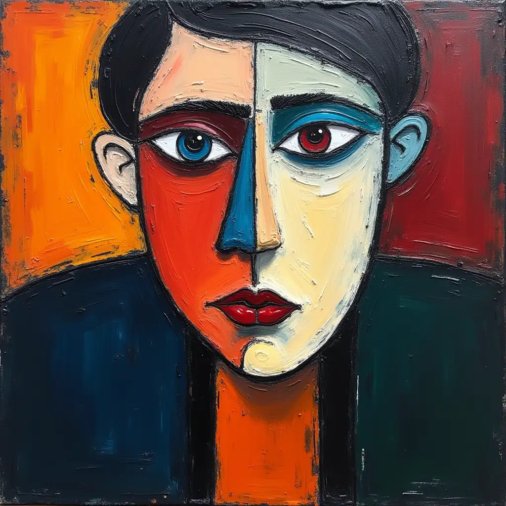 primitively schematically, portrait of a stalker's face in the style of Kandinsky, Malevich, minimalism, simplify for a beginning artist with acrylic many colors, constructivism abstractionism, darkly