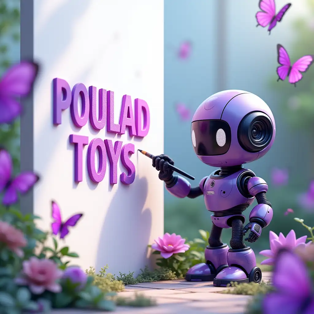 A mesmerizing 3D animated portrait of a black and lilac robot artist crafting a message on a spotless white wall. The robot is holding a dynamic paintbrush and is crafting the message 'POULAD TOYS'. The background is a tranquil garden with big purple dancing butterflies, vivid flowers, and verdant foliage. The image has a 8K resolution and is ideal for a poster.