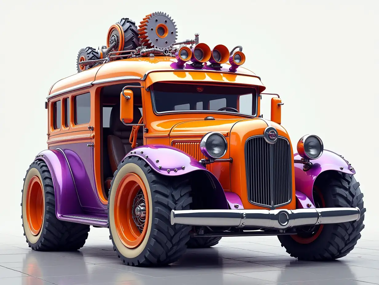 A supermodern utopian sports bus with, lowered with crazy gears large on the roof aluminum wheels, wide cream tires, orange purple- and silver-colored, Cyberpunk