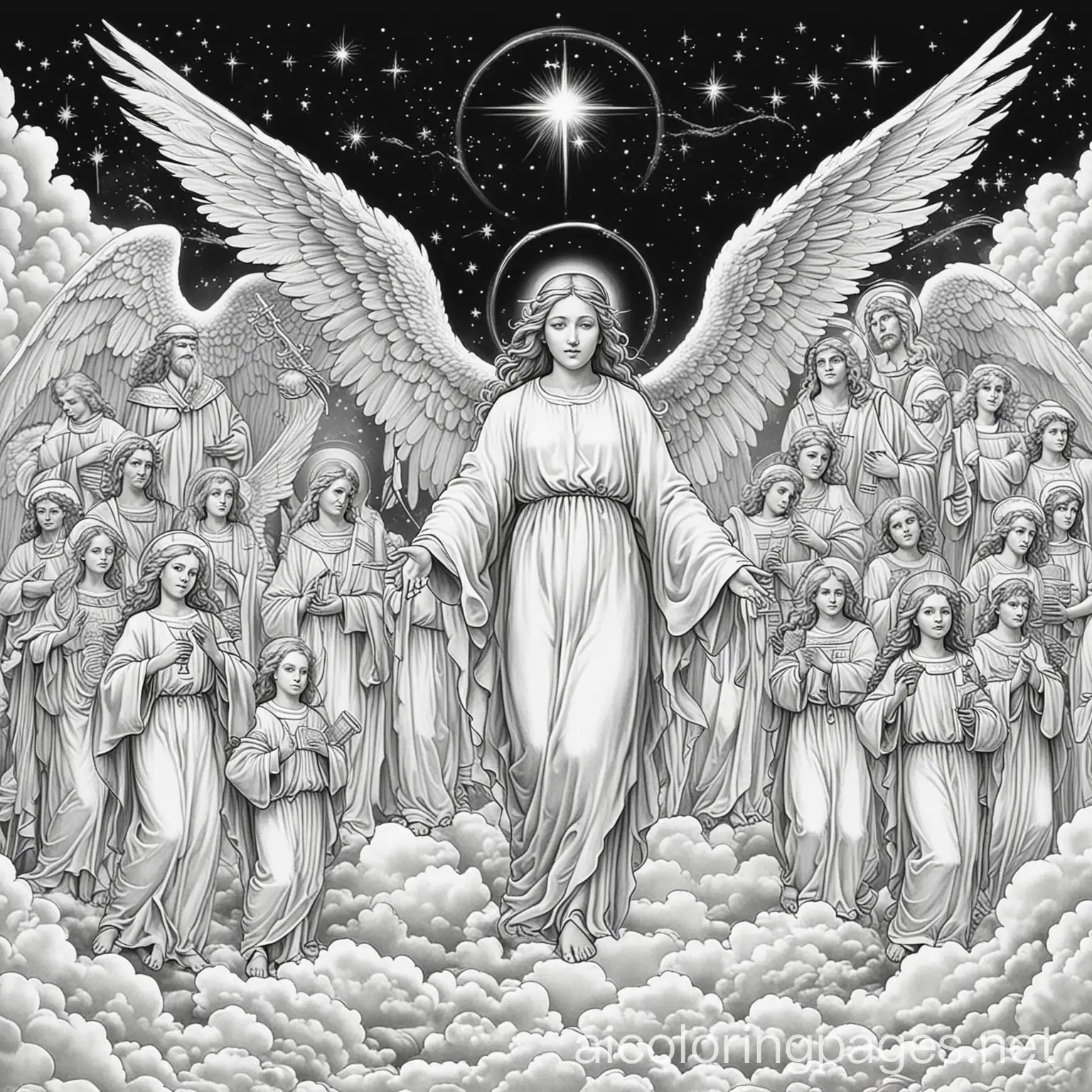 Heaven with God, angels and saints, Coloring Page, black and white, line art, white background, Simplicity, Ample White Space. The background of the coloring page is plain white to make it easy for young children to color within the lines. The outlines of all the subjects are easy to distinguish, making it simple for kids to color without too much difficulty