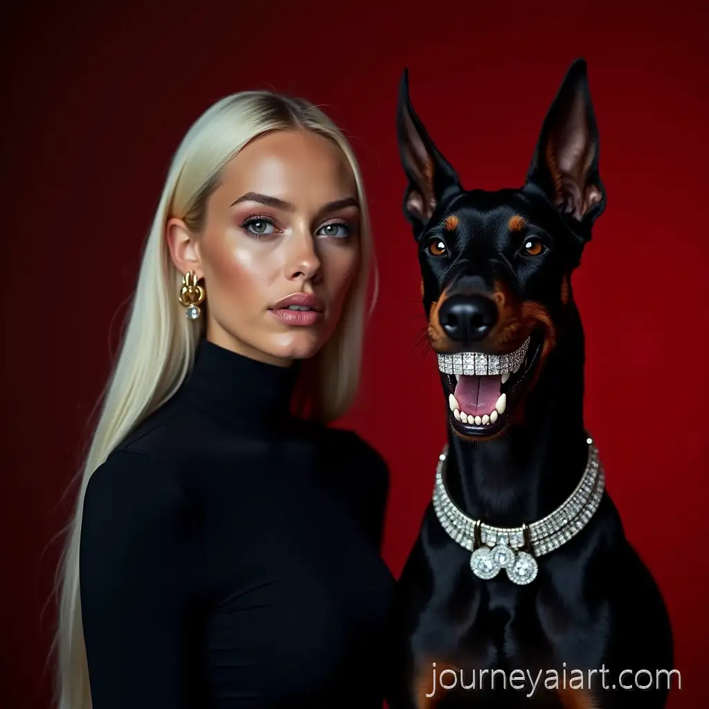Fierce-Doberman-and-PlatinumBlonde-Woman-in-HighFashion-Studio-Portrait-with-Diamond-Accessories