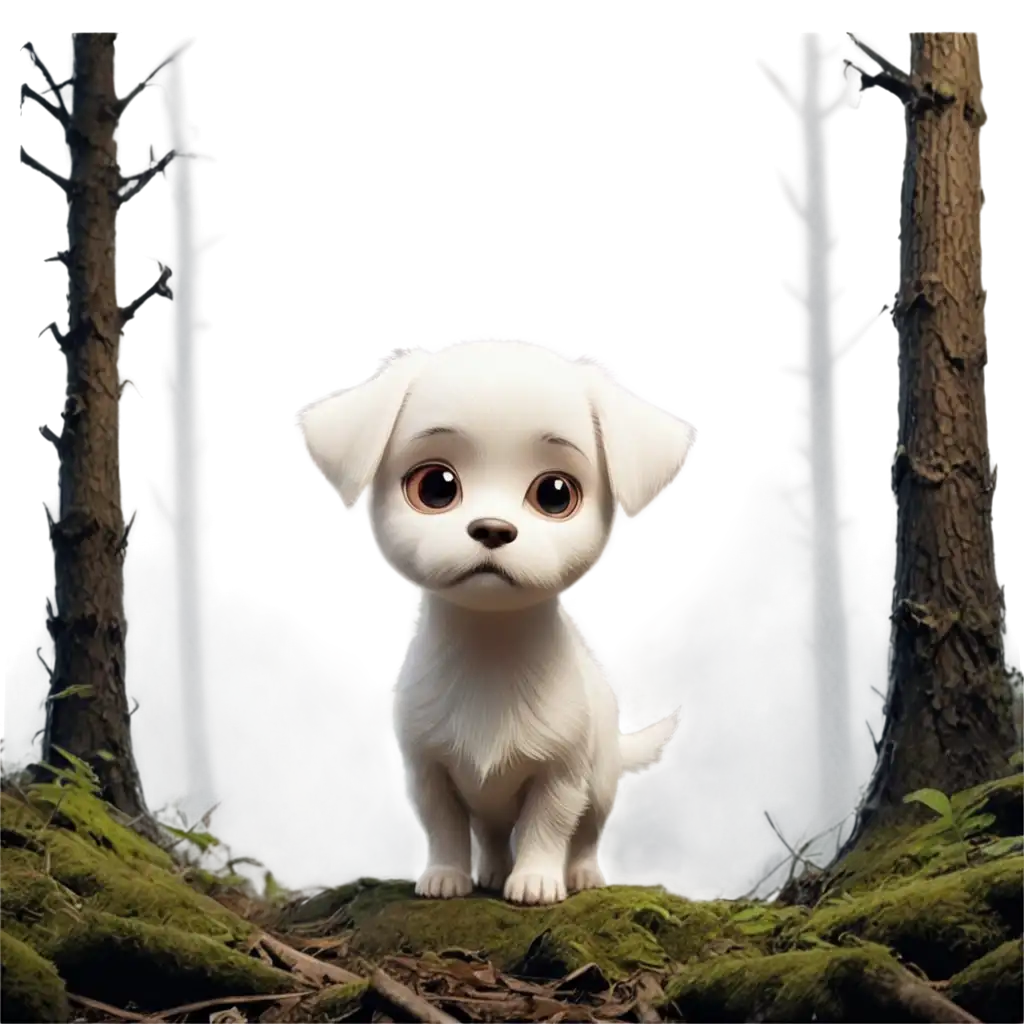 PNG-Image-of-a-Lost-Little-White-Dog-in-a-Dark-Thick-Forest-Animated-and-Confused