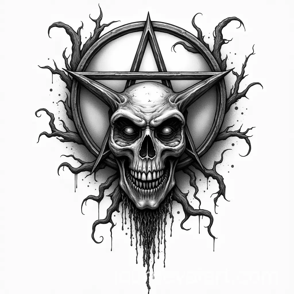 Horror-Grotesque-Pentagram-Tattoo-Art-in-Monochrome
