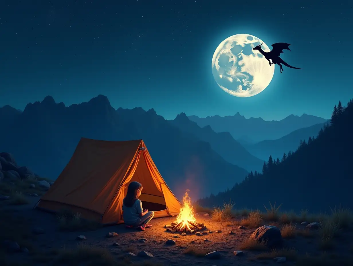 tent in the mountain top with bon fire a girl sitting near it in the night watching full moon with stars and dragon flying near the moon