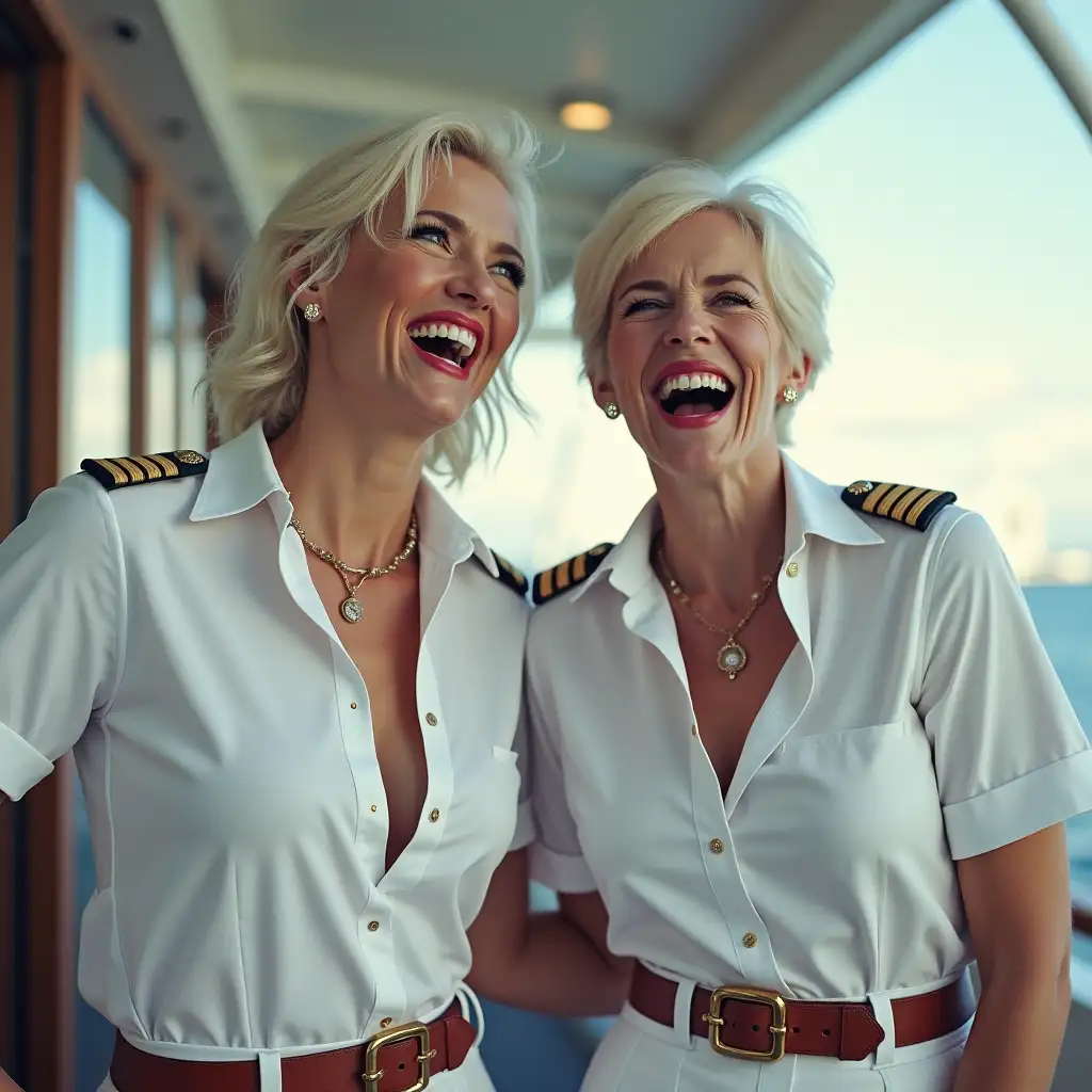 two white Norwegian lady, in white deep-necked pilot uniform button shirt, laughing with her mouth open, red lipstick accentuating her smile,belt on waist, big wide hips, chest are fully grown, jewelry, short hair, HD, screaming at cruise ship, photo-realism