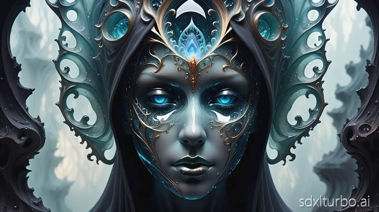 A partially veiled art face covered with molten glass, adorned with arcane fractals, surrounded by ethereal mist, embodying the identity of a forgotten dreamforger.