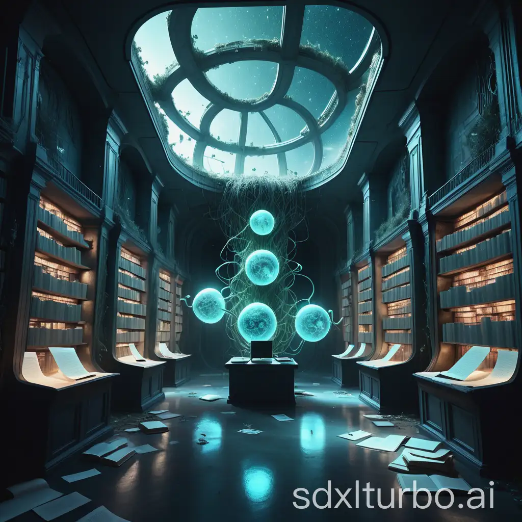 A surreal, dreamlike scene set in 2150, where the last physical library on Earth floats in a decaying orbital station. Human scholars and AI archivists with translucent, data-streaming skin collaborate to preserve crumbling paper books—now considered sacred relics. The walls are lined with holographic vines that 'grow' from the books, converting text into living light. Outside the shattered windows, Earth glows with a digital haze, its surface covered in monolithic server farms. The mood is melancholic yet reverent, blending Baroque chiaroscuro with bioluminescent cyberpunk details.