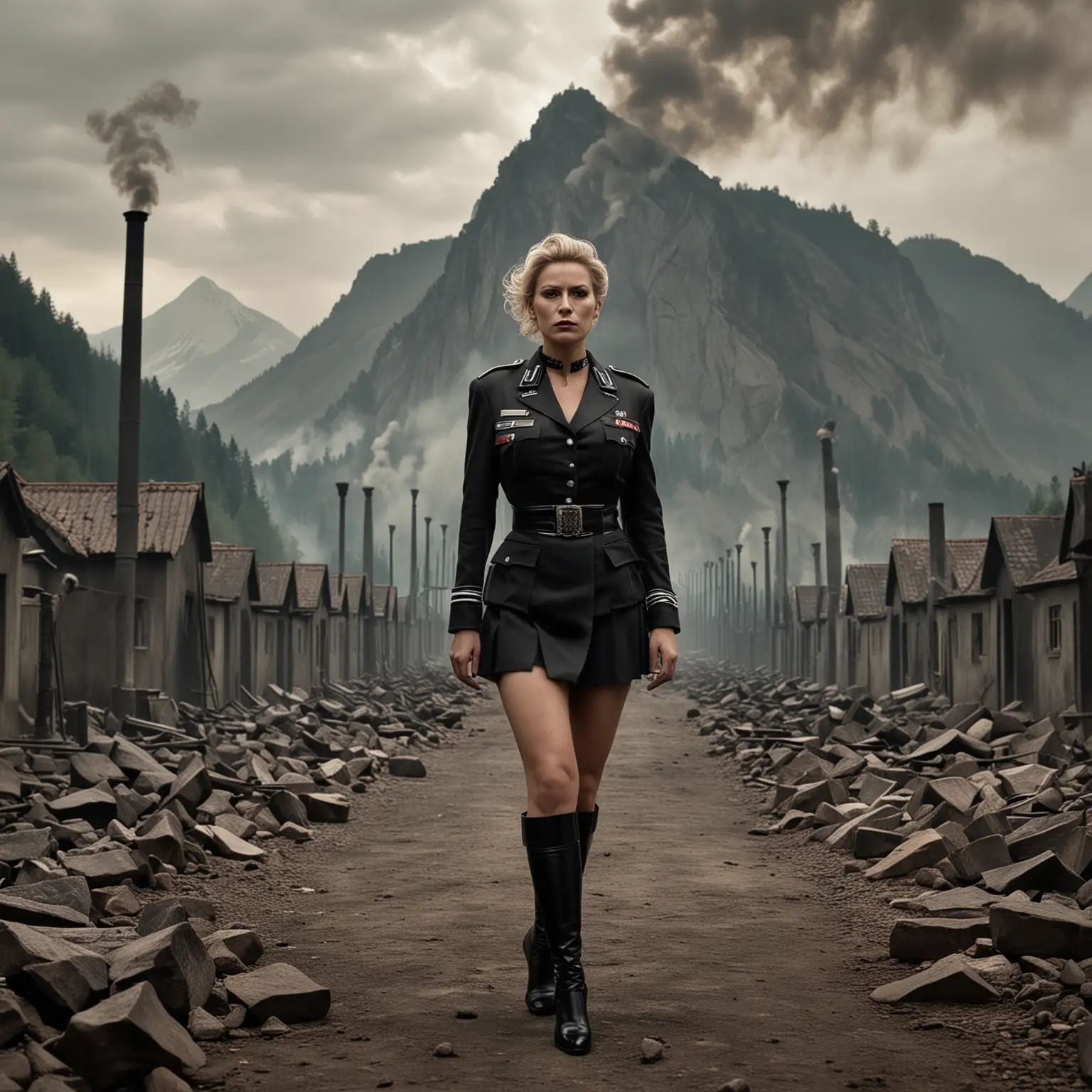 A provocative and disturbing cinematic image of a mature, muscular, and seductive German woman in a pseudo-Nazi uniform. The woman, with deep cleavage and high heels, poses confidently against the backdrop of a massive mountain of corpses from a Nazi death camp. The crematorium chimneys smoke in the distance, casting an eerie shadow over the scene. The overall ambiance is a mix of seduction, anger, and evil, creating an unsettling and thought-provoking visual., cinematic, photo