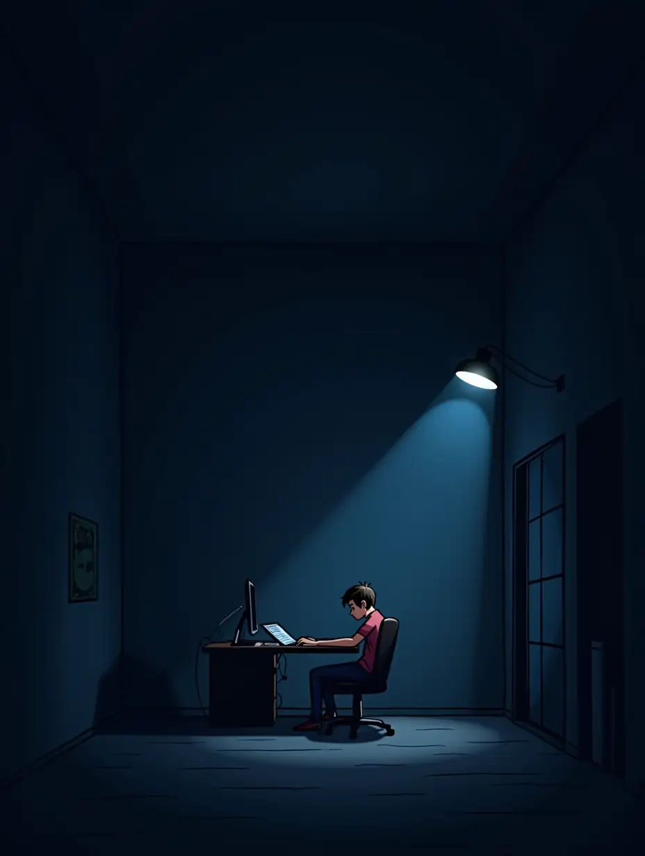 Create a 9:16 picture (which I’ll use as a wallpaper for my phone) that says “how big would you dream if you knew you couldn’t fail?” and has a person working alone at night in a dark room with a little light shining at him but make it a little aggressive, don’t make it look like a cartoon