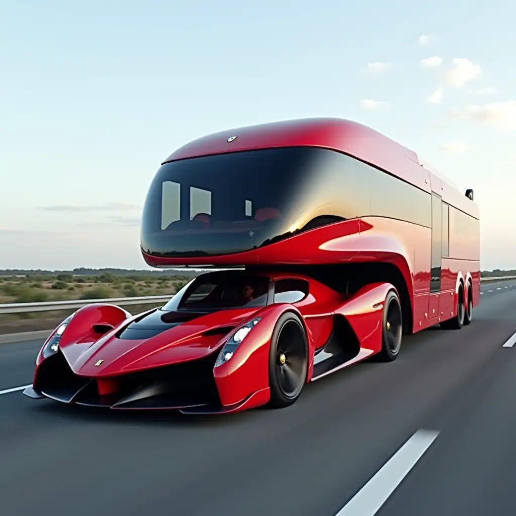 ferrari enzo hauling a futuristic two-story RV on a highway. the driver is a 50-year old male