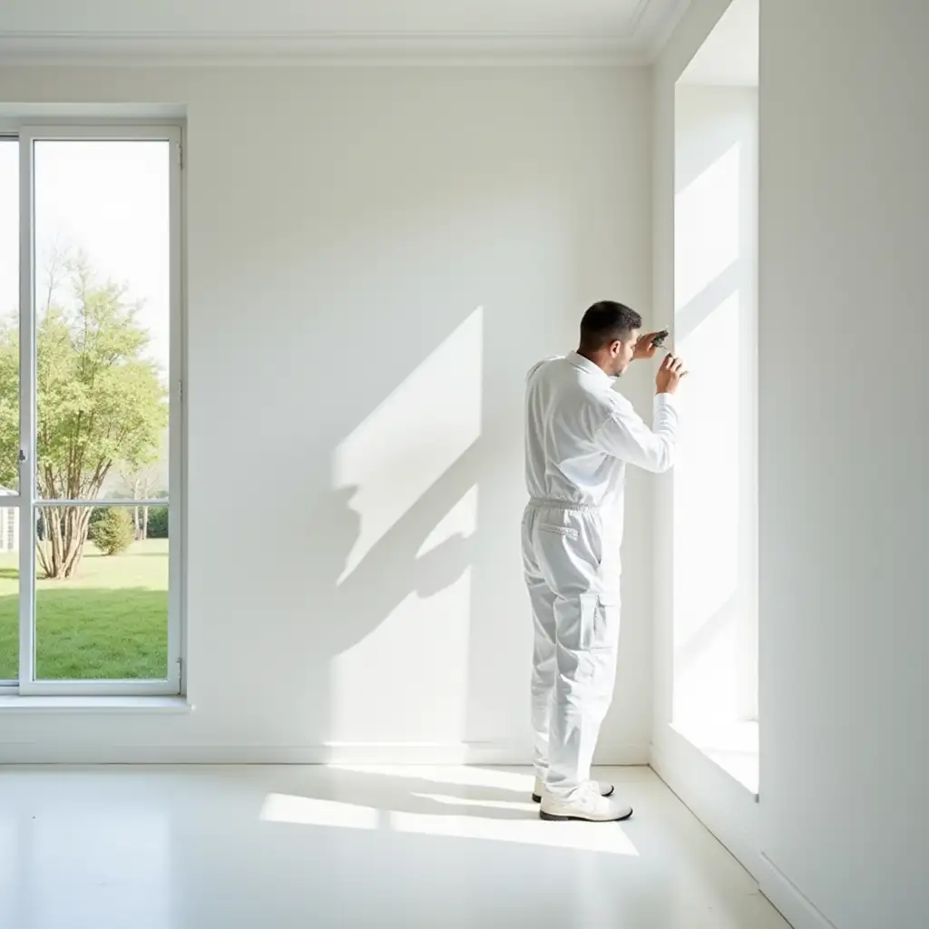 A painter, dressed entirely in white, carefully examines the finish of a newly painted white wall. Through the window of the room where he is, you can see a garden