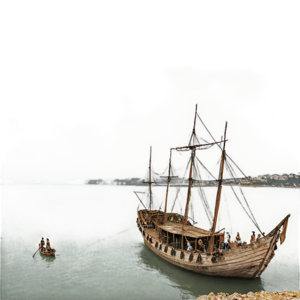 A slave ship arriving at the coast of the map of Brazil on a cloudy day.