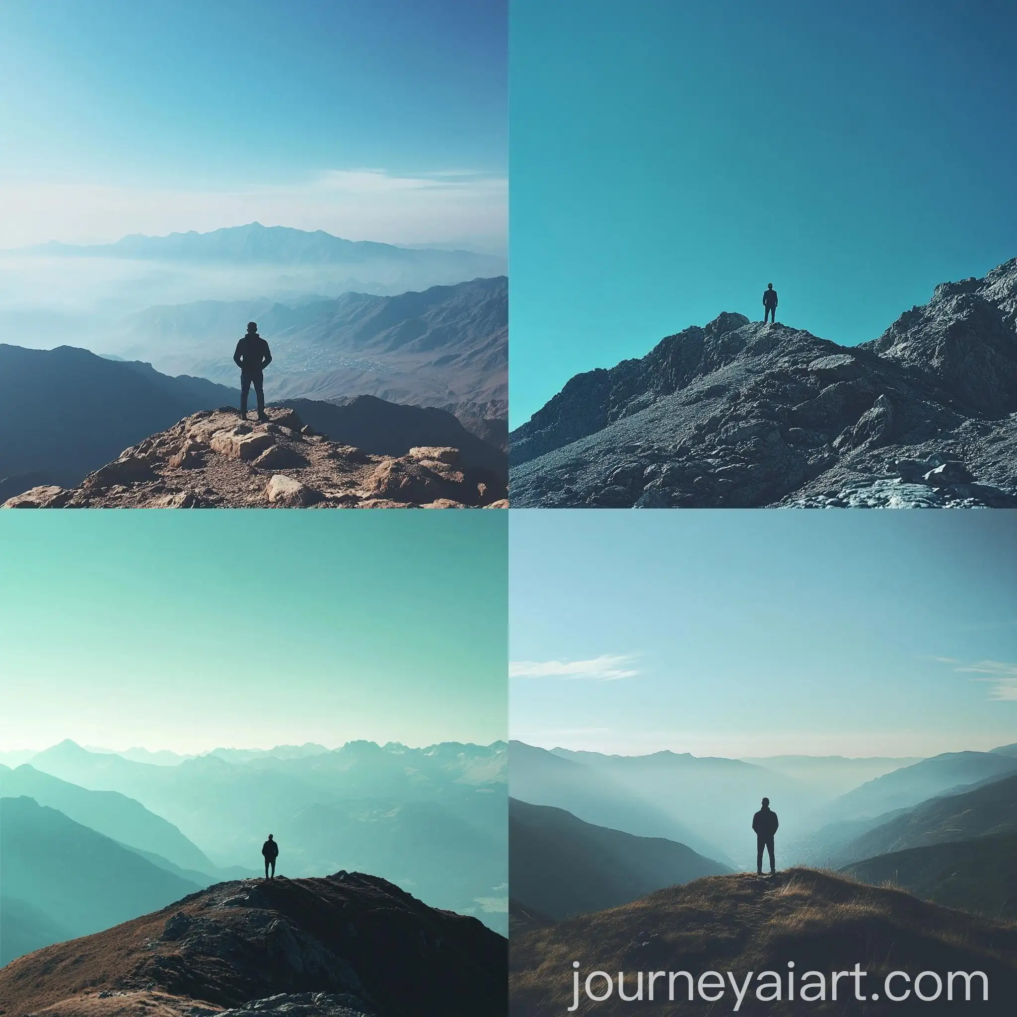 Man-Standing-on-Mountain-in-Serene-Blue-Sky