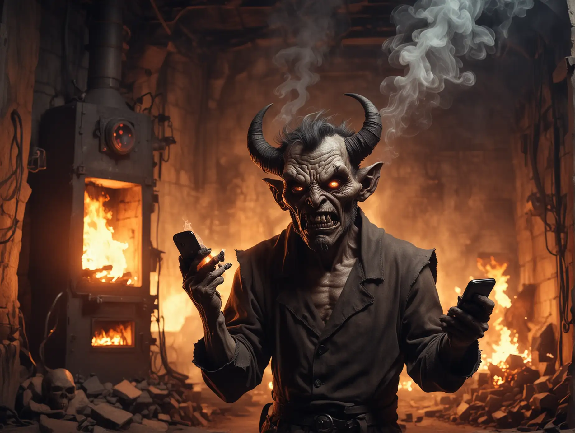 Astonished-Demon-Reading-News-on-Smartphone-in-Smoky-Hellish-Atmosphere