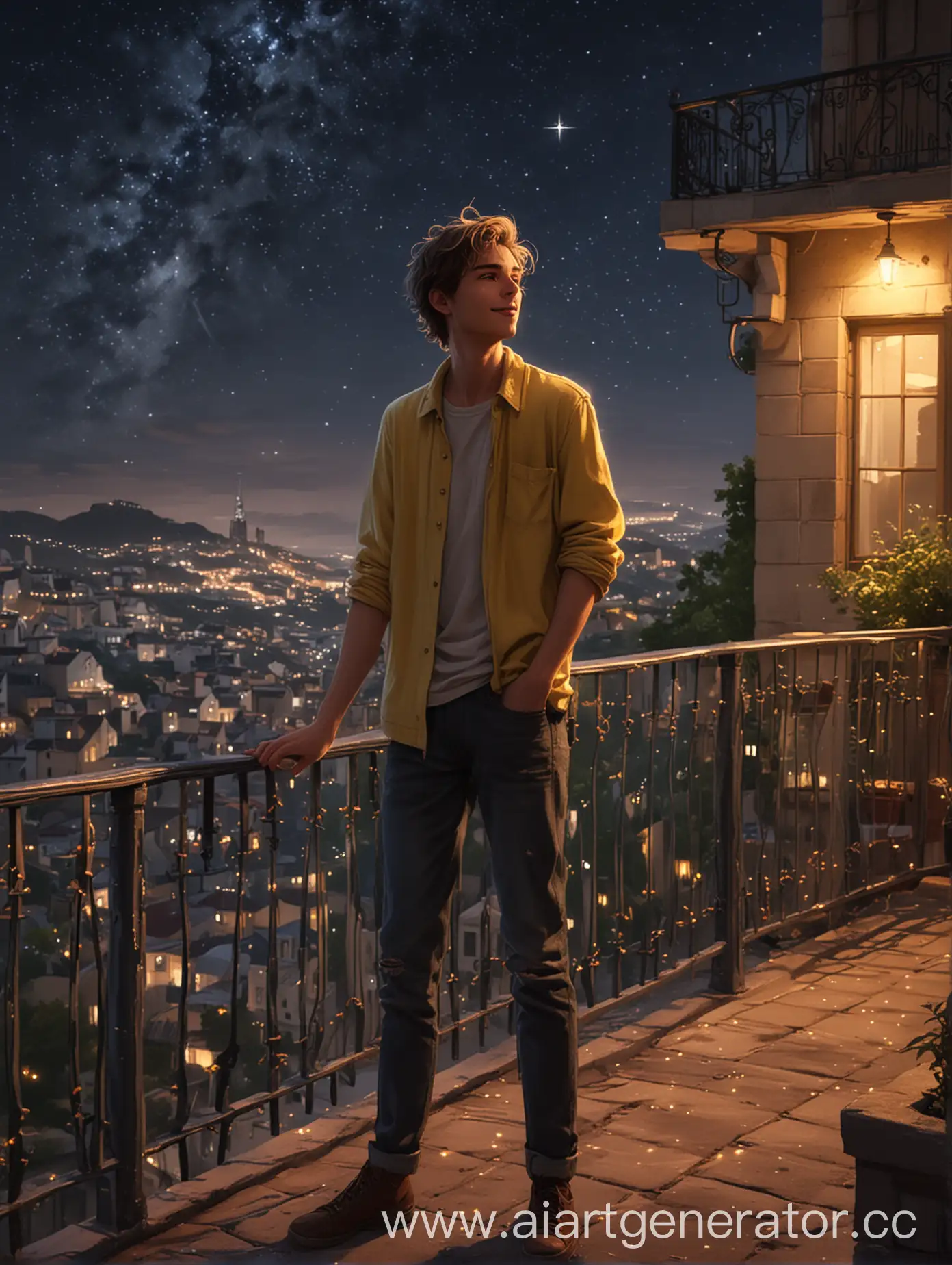 Man-Enjoying-Starry-Night-on-Terrace-with-City-Lights