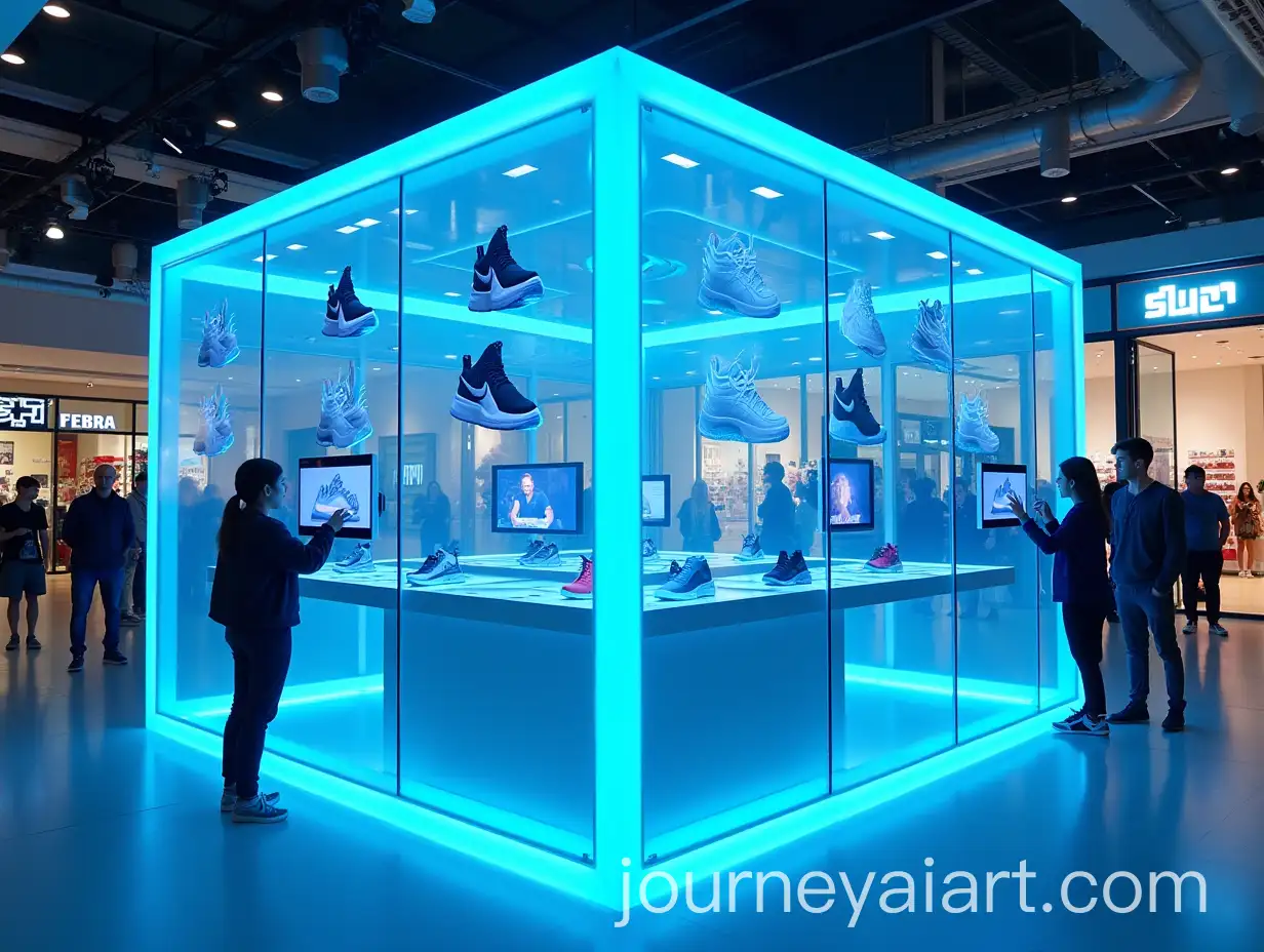 Futuristic-Retail-Booth-in-a-Shopping-Mall-with-Neon-Blue-Edges-and-Interactive-Screens