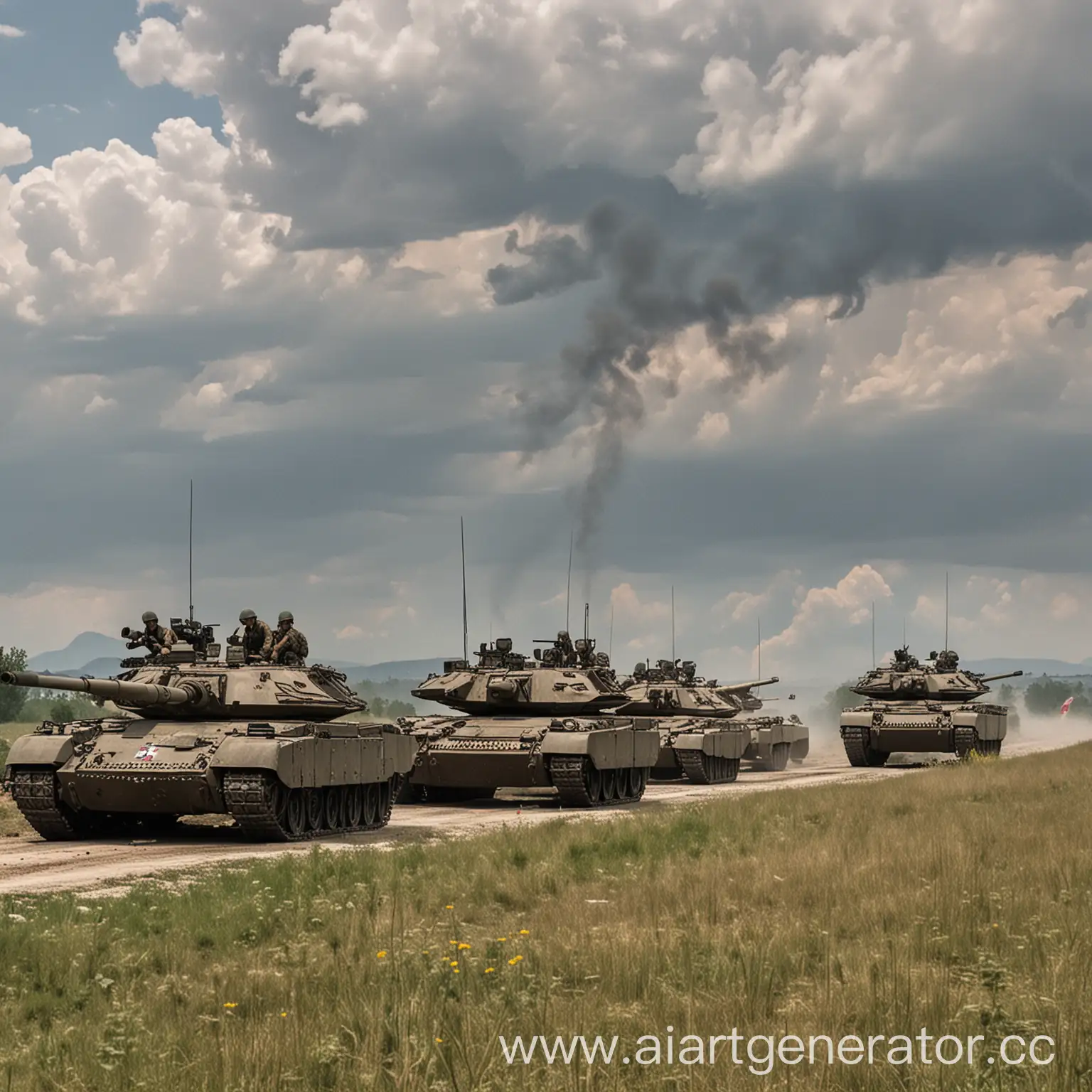 In the picture depicting the Serbian tank division, you can imagine the following:  Landscape: The tank division is deployed against the background of a typical Balkan landscape with hills and forests. Typical plants and terrain typical of Serbia are visible.  Tanks: Modern Serbian tanks, such as the M-84 or their modifications, are visible in the foreground. They can be painted in standard military colors with Serbian national symbols.  Crew: Crew members are visible on the tanks, observing the surrounding situation or preparing equipment for movement.  Tactical situation: Soldiers performing various tasks are visible around the tanks: engineers, snipers, commanders providing communications and security.  Atmosphere: The general nature of the scene can be tense and ready for action, reflecting readiness for military action or exercises.  Background: Smoke and dust from military equipment can be seen in the background, as well as clouds reflecting the current weather.  This image can convey the power and strength of the Serbian armed forces, as well as their readiness to protect national interests.