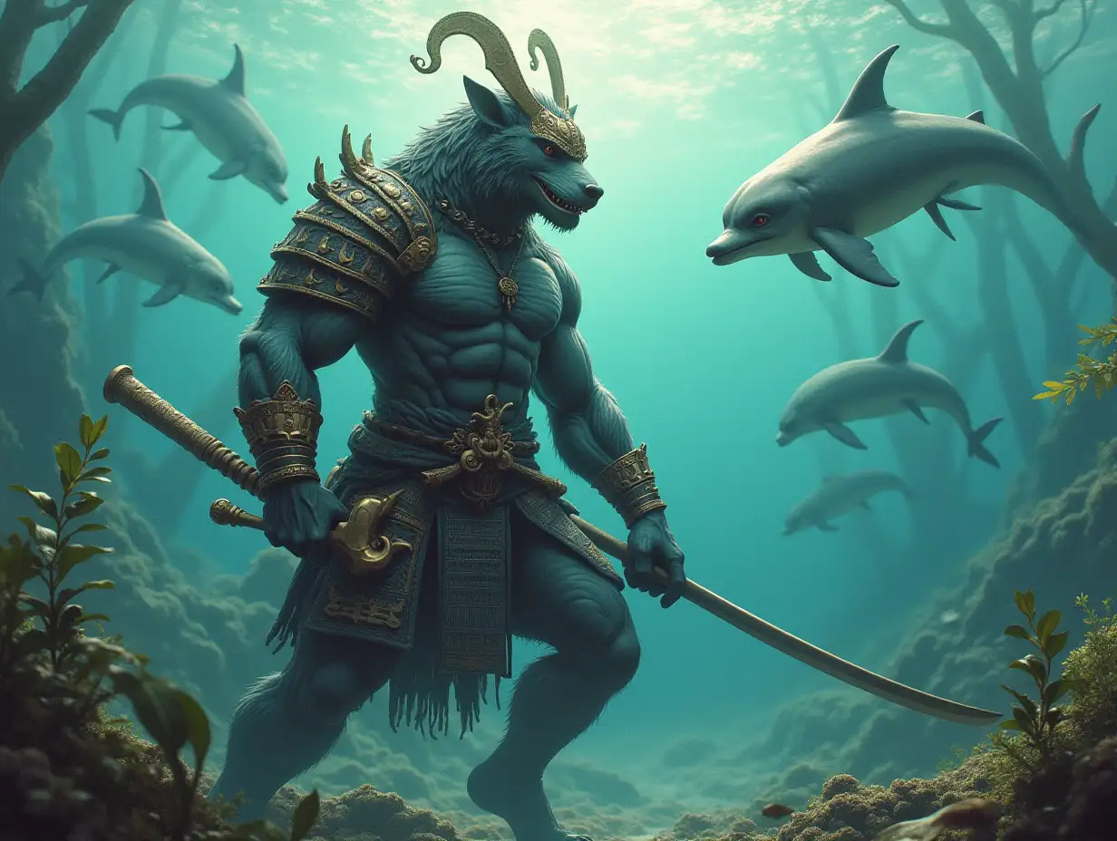 A very detailed photo. A full body representation of an Animal-Hybrid Bodybuilder Samurai with equipment and Delphinidae and Delphinidae in the sea plants trees