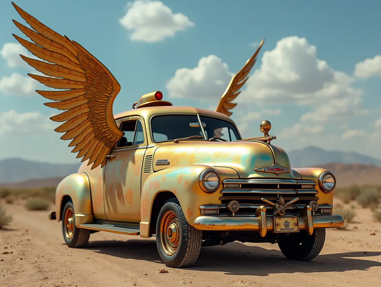 Create a crazy vehicle with wings, lowered, aluminum wheels, mother of pearl color and gold body Steampunk colorful