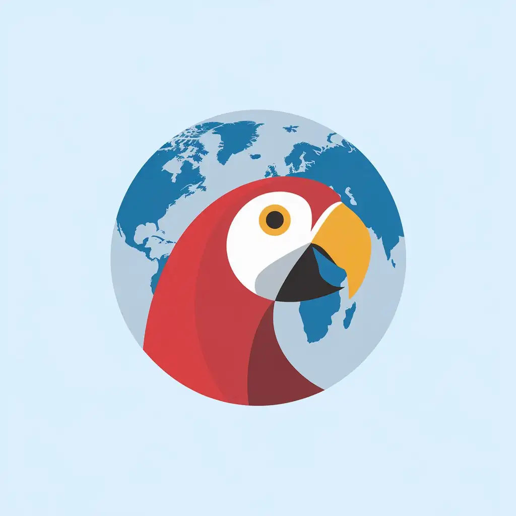A red parrot's head, continent globe background, minimalization, logo, flat, color limited to 3