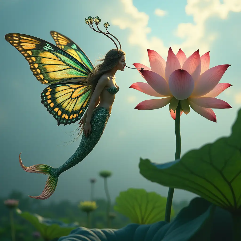 A photograph of a mermaid fairy woman flying by a giant flower lotus and drinking nectar from this flower with her long tongue. She has long antennae resembling a pair of bird feathers. The fairy has gigantic, large, shiny, iridescent, sparkling, multicolored, peacock patterned butterfly wings and a scaly long fish tail. The background contains a cloudy sky