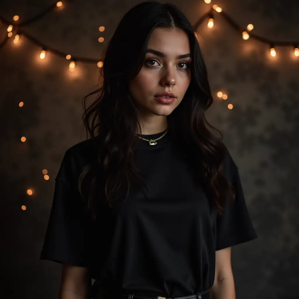 Gothic Female Model in Black Tee with Festive Background