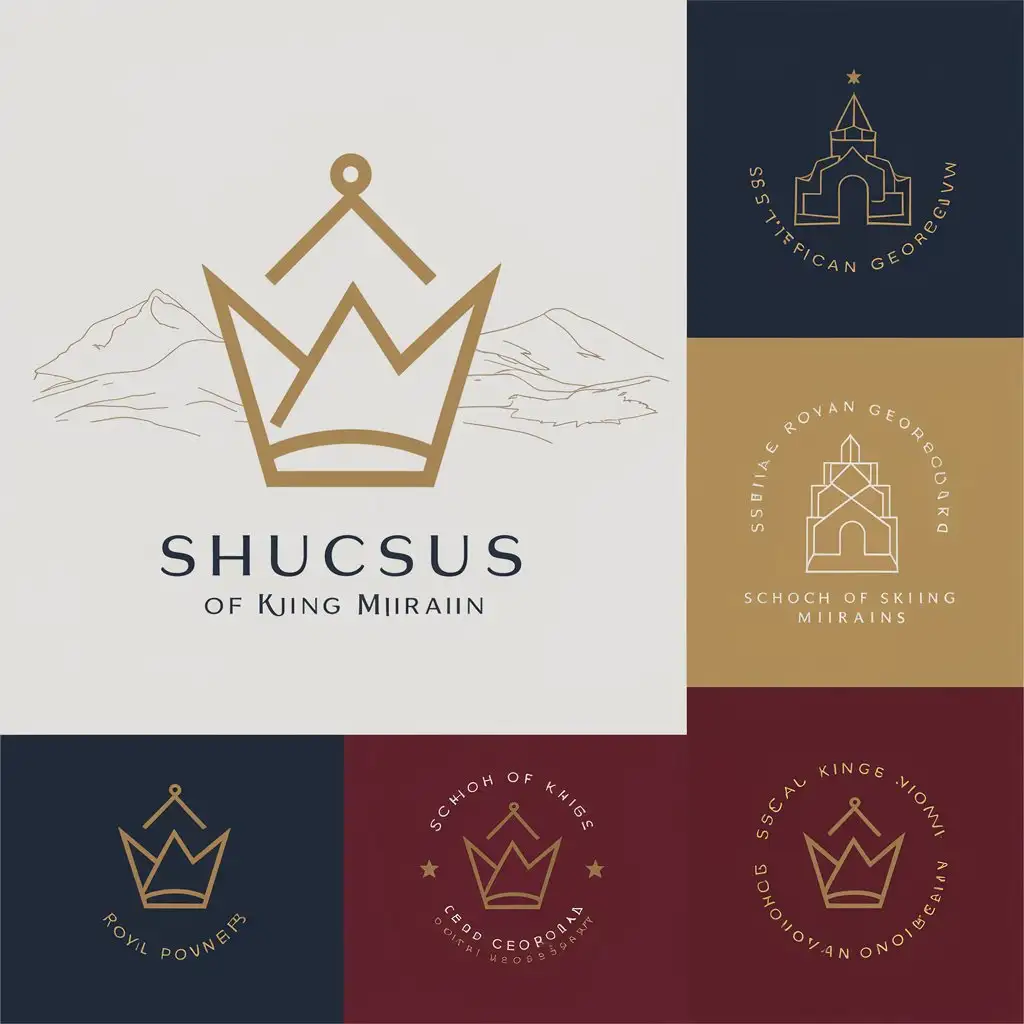 a vector logo design,with the text "Central element: Stylized image of a crown or tiara, symbolizing royal power, but done in a modern minimalist style. The crown can be unique in shape, unlike typical crowns, which will add individuality to the logo. Background: Light outline of a mountain (symbolizing the Caucasus Mountains) or outlines of historical Georgian architecture, such as a church or fortress. These elements can be done in thin lines and placed in the background, so as not to distract from the main symbol. Color scheme: Warm and noble colors like gold, dark blue, and burgundy, symbolizing royal power, knowledge, and traditions. Text: The name of the school 'School of King Mirian' can be written in an elegant font associated with tradition and education. The text can be placed either around the central element or below it. Additional elements: To emphasize the mission of the school, you can add stylized elements such as a book (symbolizing education), a vine of grapes (a traditional symbol of Georgia), or a cross (as a symbol of Christianity and spiritual development).", main symbol:corona,complex,be used in Education industry,clear background