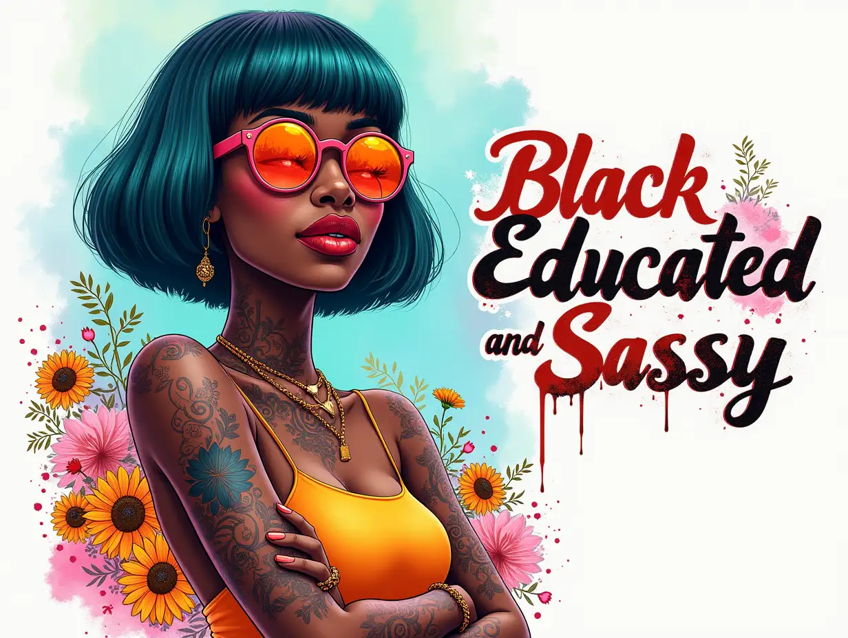 grunge-style, Illustrative, Watercolor Art. A vibrant and empowering illustration featuring a confident Black woman with a stylish bob haircut, showcasing bold teal and pink highlights. She wears oversized round orange sunglasses and displays colorful tattoos on her arms and neck. The background is a lively blend of bright colors, including soft blues and splashes of pink, complemented by clusters of sunflowers and intricate floral designs. The text 'Black Educated and Sassy' is prominently displayed in a bold, elegant font, harmonizing with the overall aesthetic. The artwork embodies a mix of pop art and hyperrealism, with a focus on bold lines and vivid colors, evoking feelings of strength and individuality. Dripping paint effects in various colors add a dynamic touch to the composition.