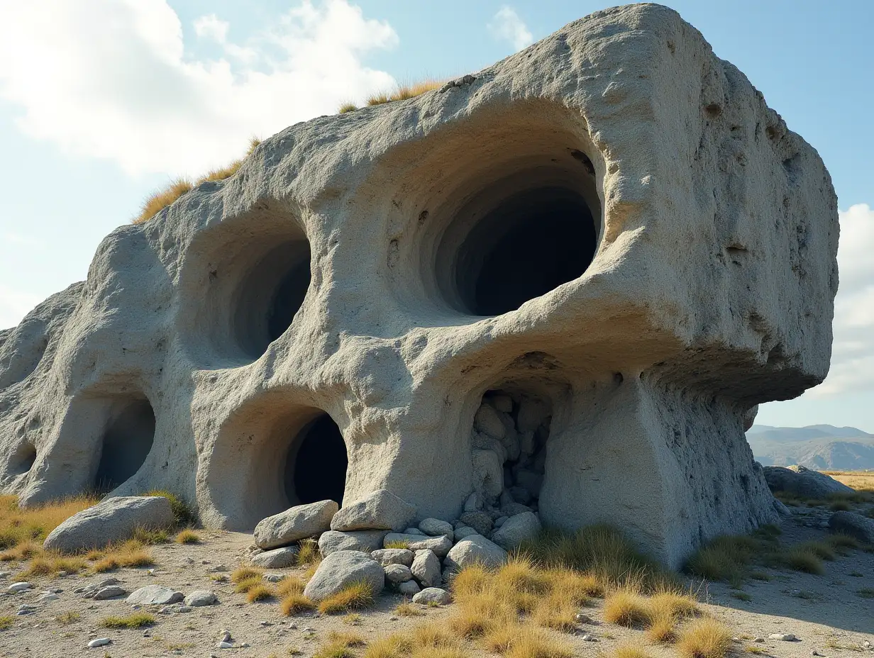 Face from rocks transformed into a building