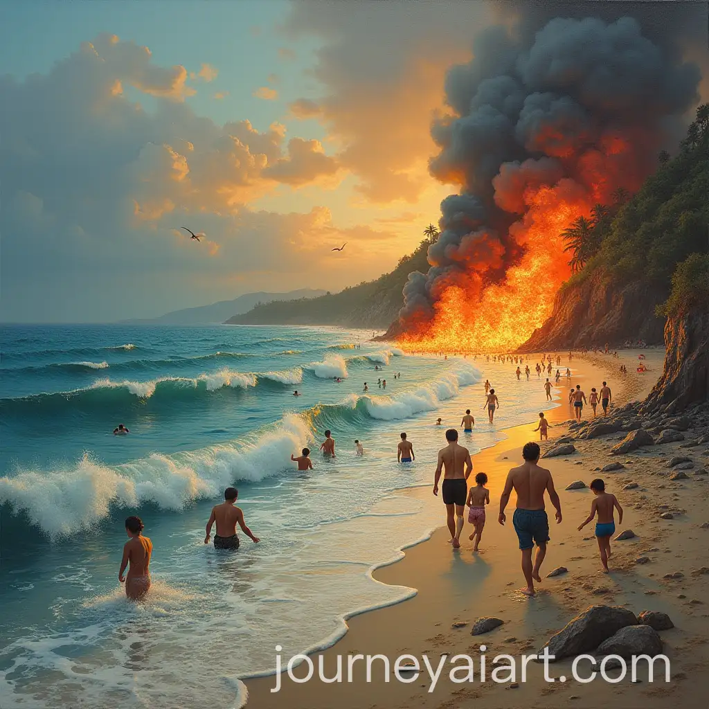 Surreal-Beach-Scene-with-Swimming-People-and-Fiery-Waves
