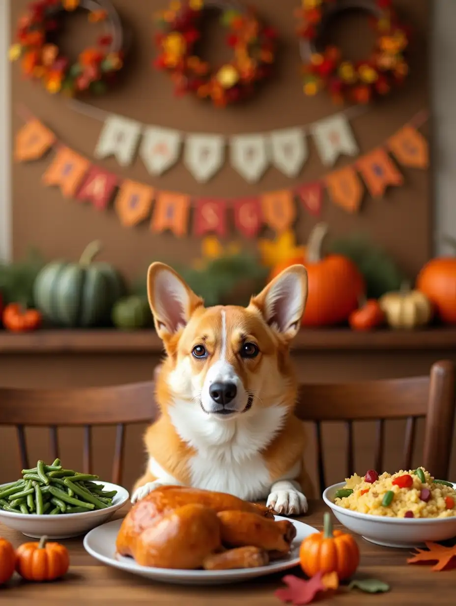 Festive-Thanksgiving-Scene-with-Corgi-at-Dining-Table-and-Autumn-Decorations