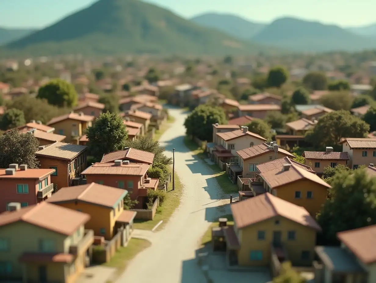 Suburb neighborhood of Rio de Janeiro in the 80s, modeled as a clay model for the background of a stopmotion animation, but viewed from above