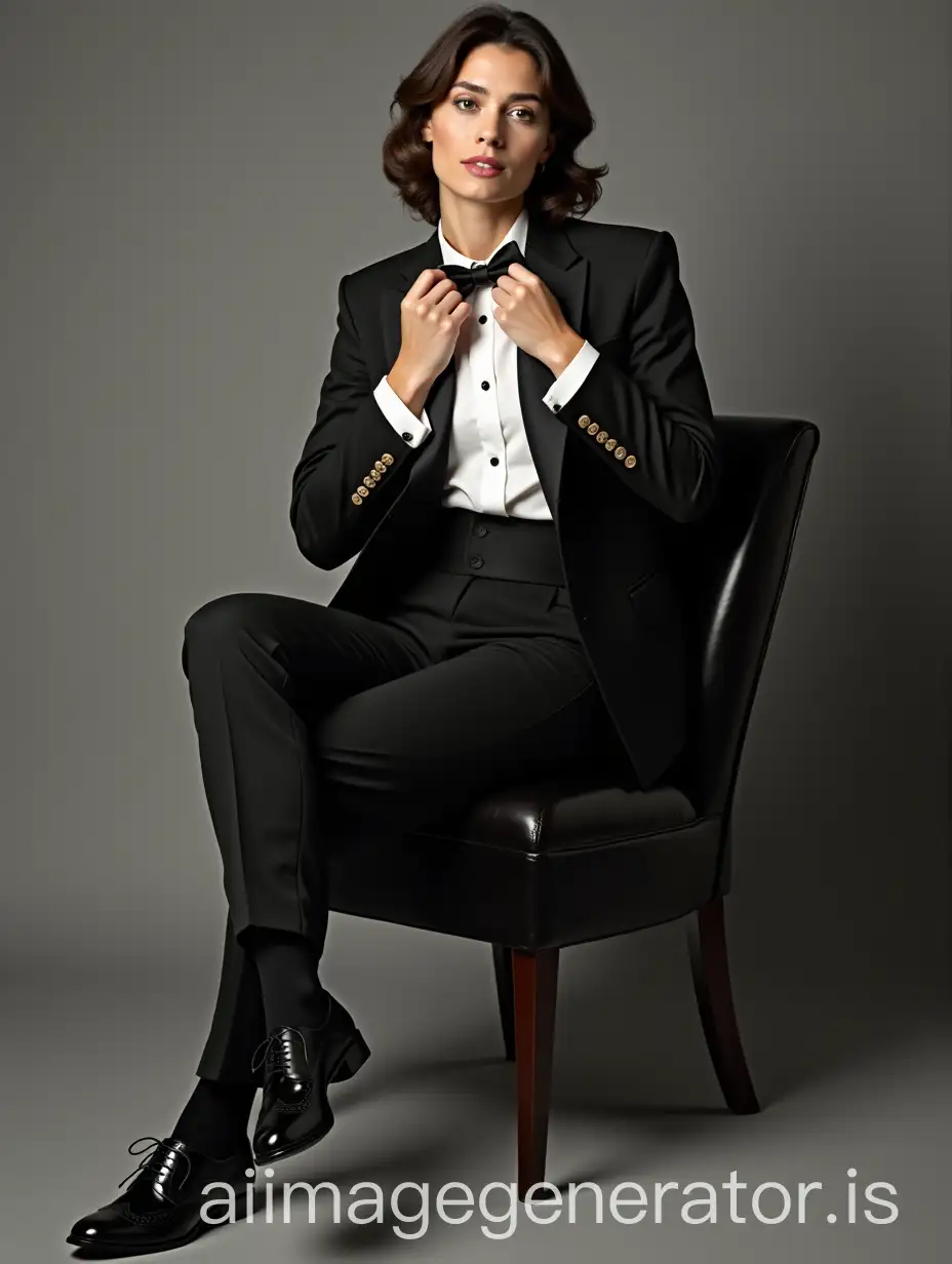 Full body shot of beautiful and confident brunette German female movie actress, wearing men's wingtip shoes, wearing a formal black tuxedo, bow tie, cummerbund, pocket square, tuxedo shirt with cuff links, black socks, straightening bow tie with both hands, sitting in chair, in front of blank background