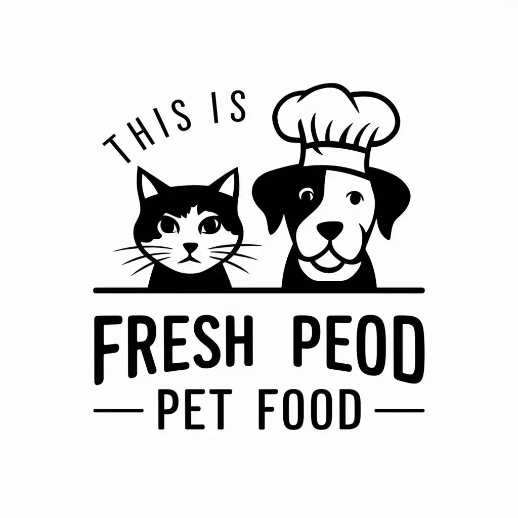 a vector logo design,with the text "This is a fresh pet food", main symbol:Cat, dog, chef hat,Moderate,be used in Animals Pets industry,clear background