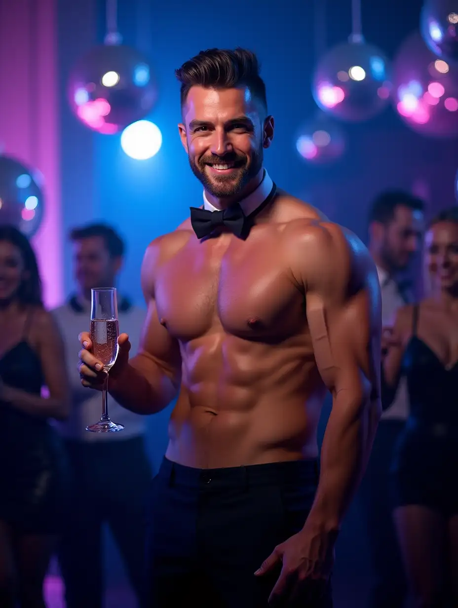 Muscular Man Celebrating at Glamorous Party with Champagne