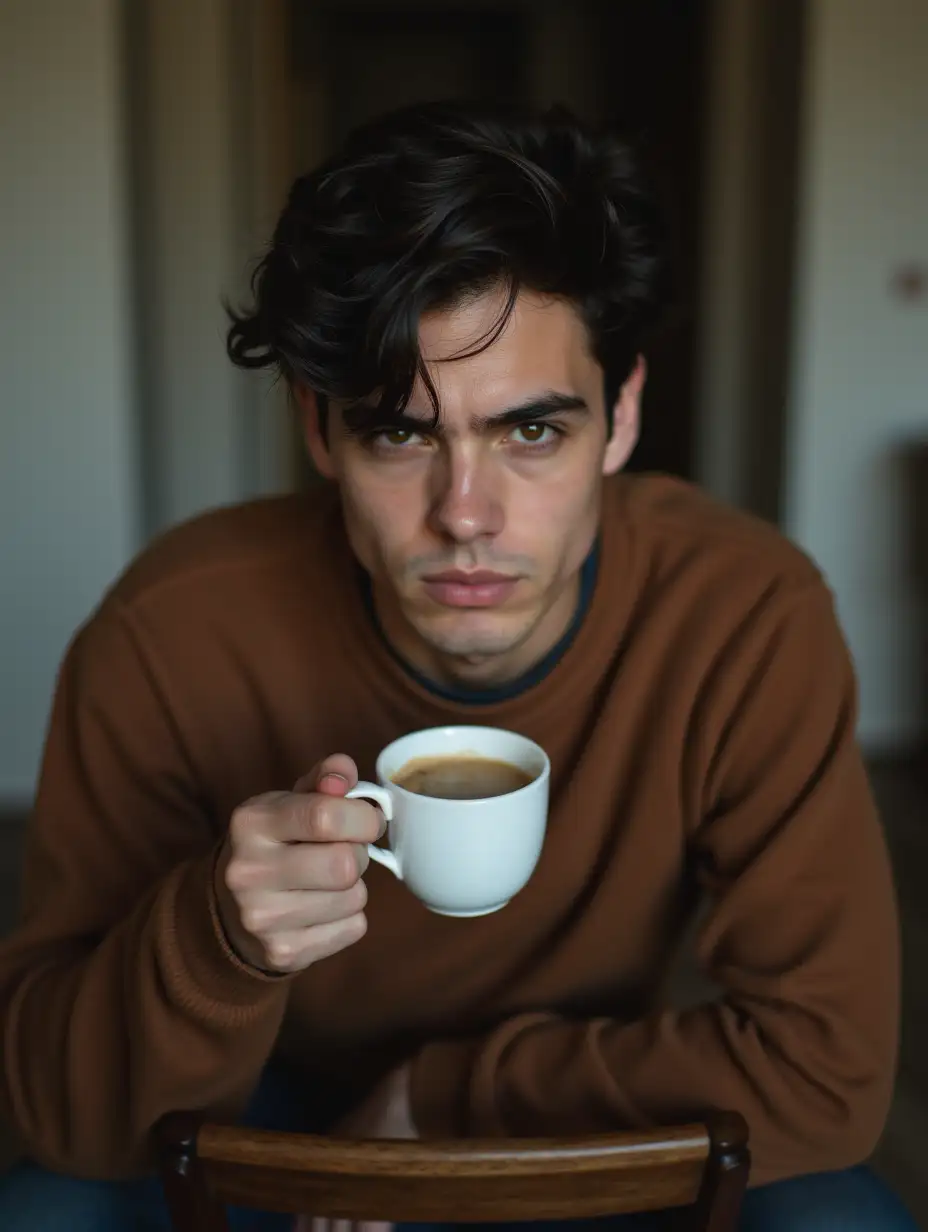 young adult man with dark hair and a serious facial expression, with a light and thin appearance, sitting on a brown wooden chair holding a cup of coffee, looking directly at me