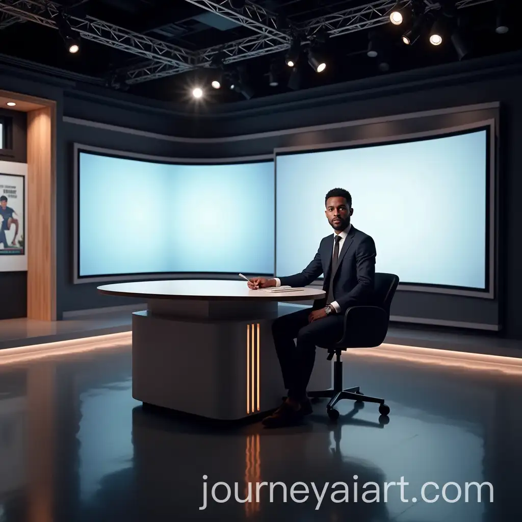 Modern-Newsroom-Studio-with-Confident-Black-Male-Journalist-in-Sharp-Suit