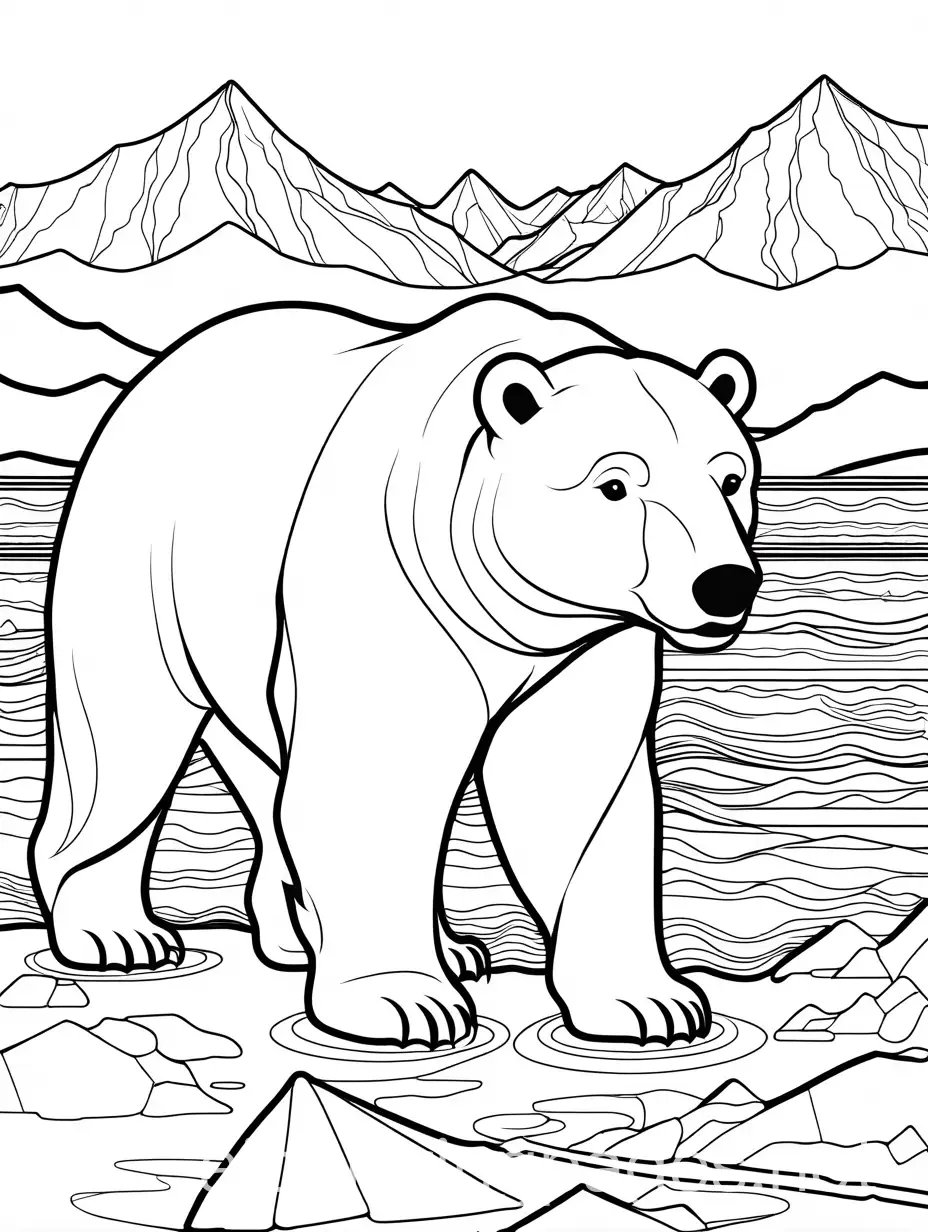 A polar bear walking on ice with mountains in the background., Coloring Page, black and white, line art, white background, Simplicity, Ample White Space. The background of the coloring page is plain white to make it easy for young children to color within the lines. The outlines of all the subjects are easy to distinguish, making it simple for kids to color without too much difficulty