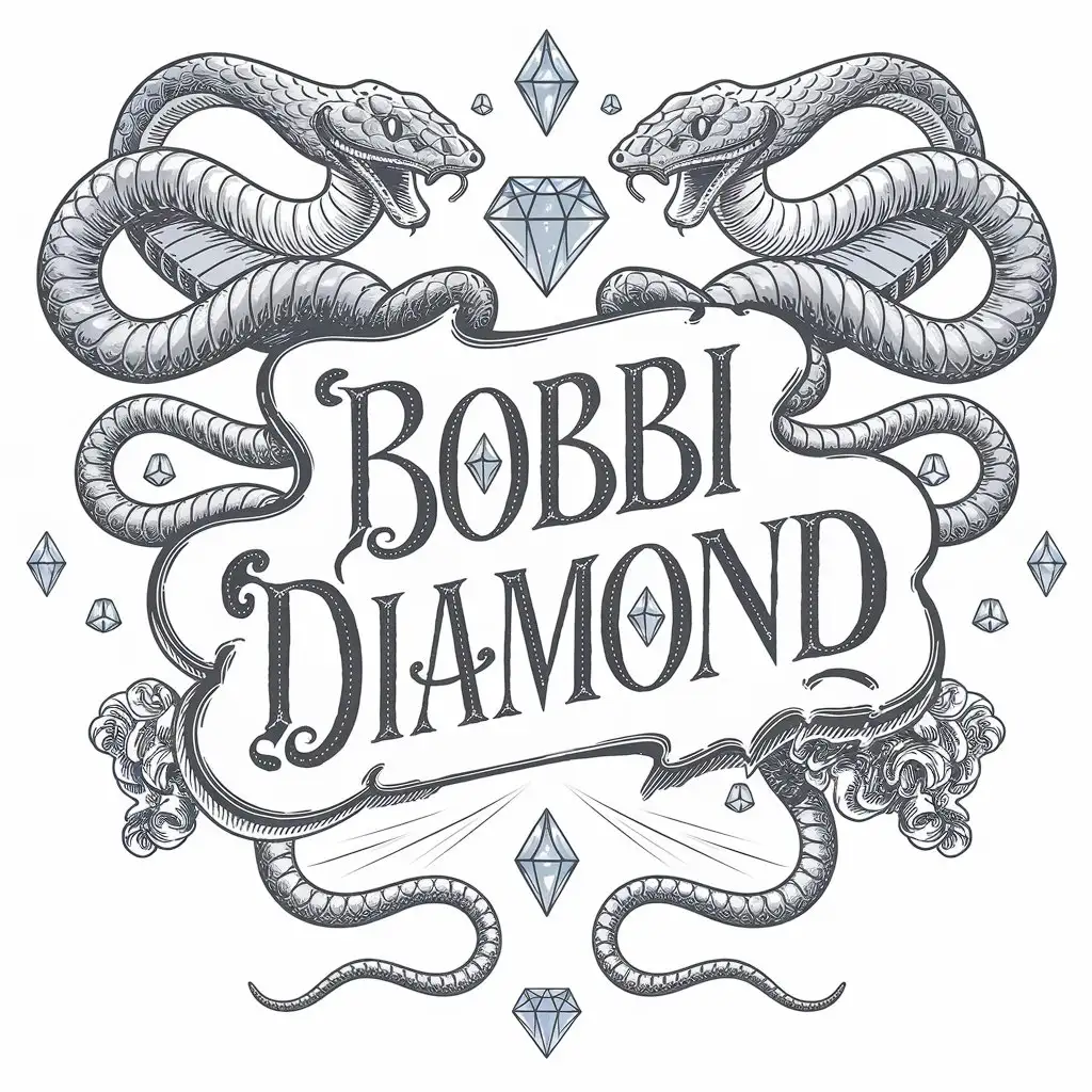 create a whimsical logo for Bobbi Diamond, typography, detailed, intricate, unique, Lettering, hand draw script font, mystical vibes, snakes, diamonds, symmetrical background, BEAUTIFUL hand lettering, detailed illustrated background,