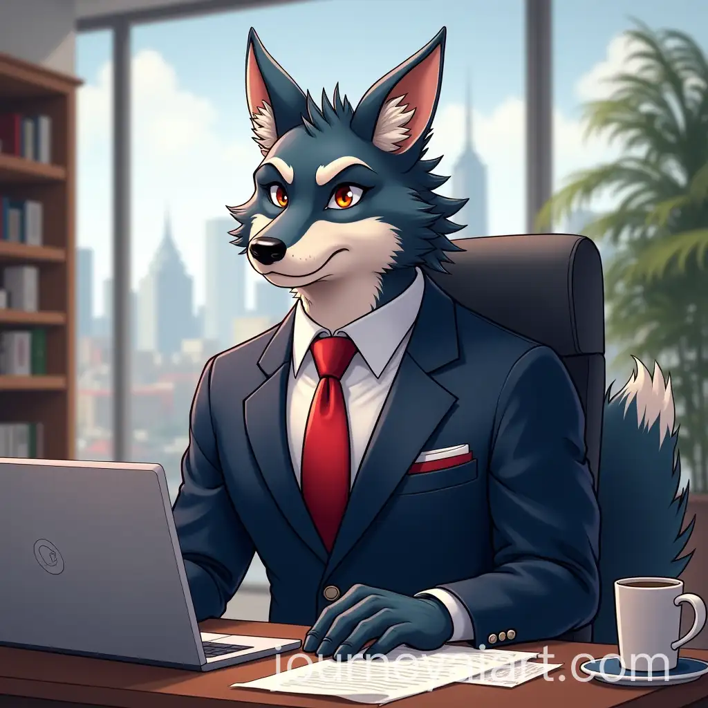 Anthropomorphic-Wolf-in-Business-Suit-at-Modern-Office-Desk