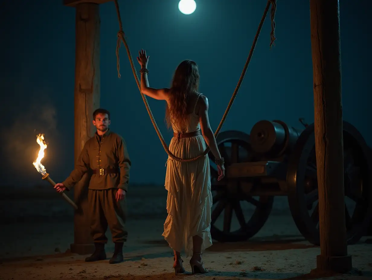 An epic and fantasy scene from 17th century featuring a gorgeous and beautiful woman with torn clothes and drooping hair is stretched on ropes between two two vertical wooden beams in front of the barrel of an XVII century cannon, two soldiers standing aside, outside at night, only moon light and torchrd, high-detailed, photo realistic, intricate details, cinematic view, depth of field, fujifilm xt3, raw photo, 8k uhd, film grain