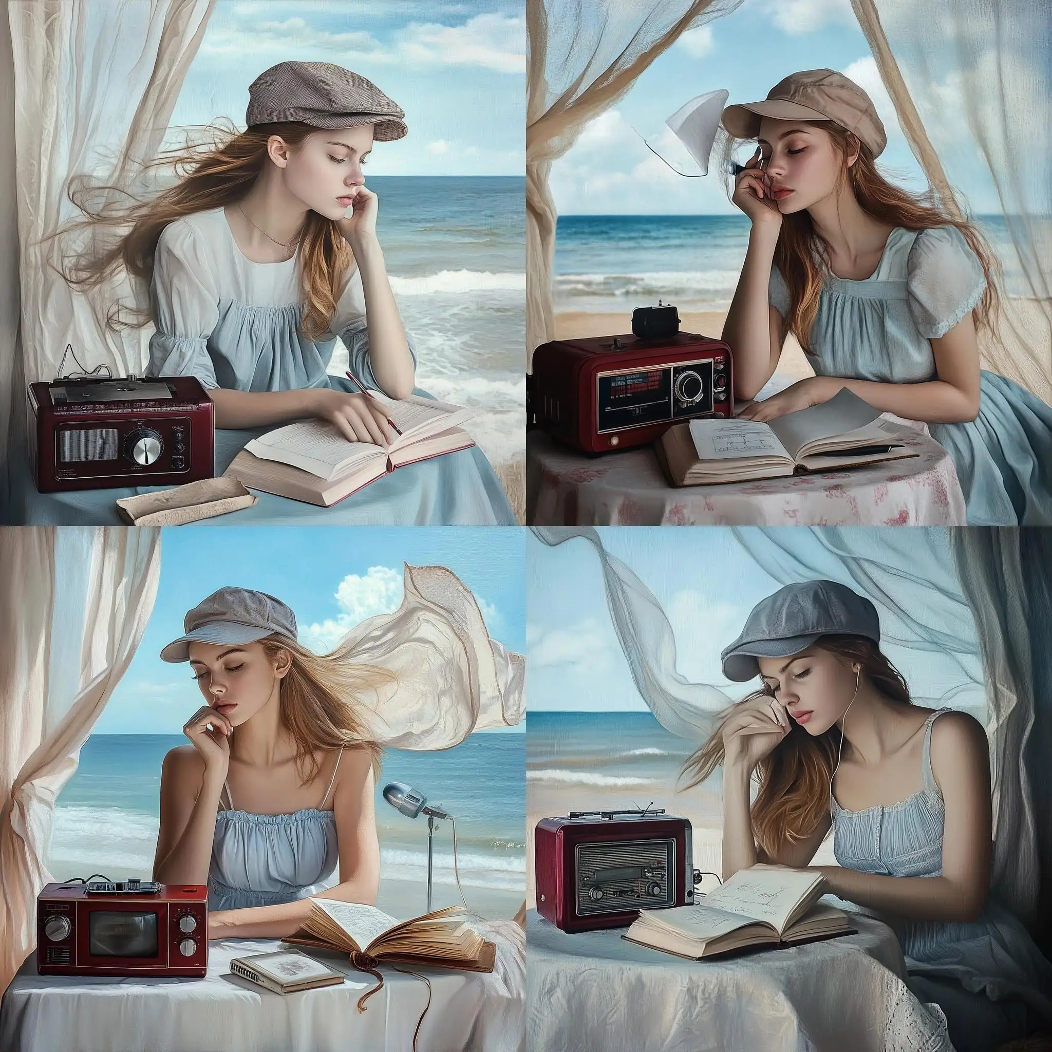 Modern-Girl-Drawing-by-the-Sea-with-Retro-Radio-and-Old-Book